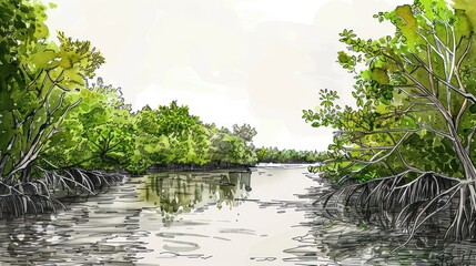 Illustration nature landscape deep river among mangrove forest paint style. AI generated image