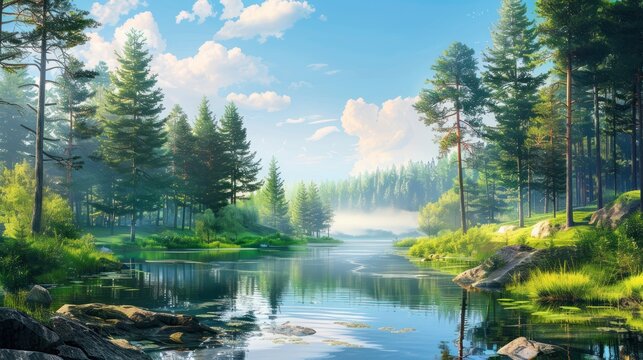 Beautiful fir of pines forest with river nature landscape view. AI generated image