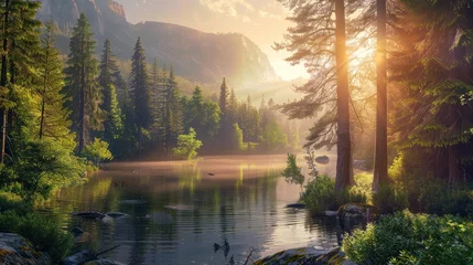 Fotobehang Beautiful fir of pines forest with river nature landscape view. AI generated image © orendesain99