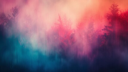 Surreal forest silhouette against a backdrop of blue and red hues. A fusion of nature and abstract colors creating a dreamy landscape.