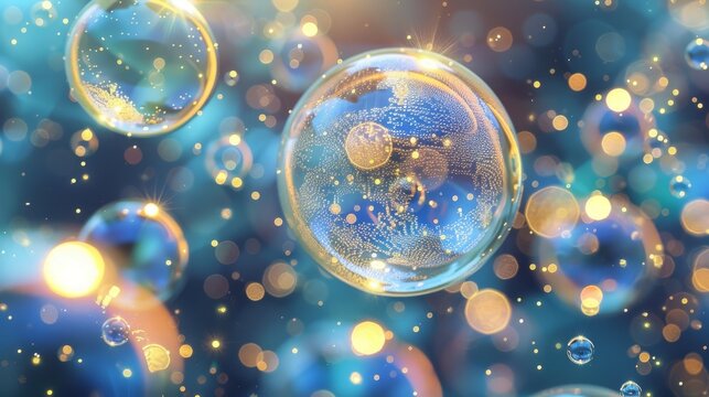 Enchanting soap bubbles with blue and golden glitter close-up. Sparkling fantasy of shimmering soap bubbles in macro.