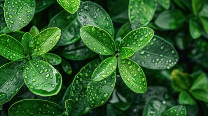 Close up fresh green leaves of citrus plant with water drops texture background. AI generated image