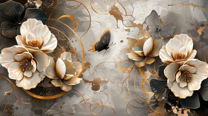 3D flower Wallpaper With butterfly on textured background. wall decor , Poster , 3D Flower , illustration