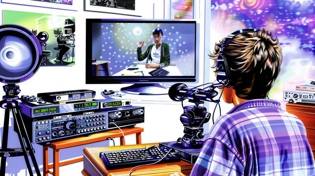 Digital Content Creator: Young Vlogger Recording a Video Blog at Home Studio, Showcasing Modern Influencer Lifestyle and Digital Entrepreneurship