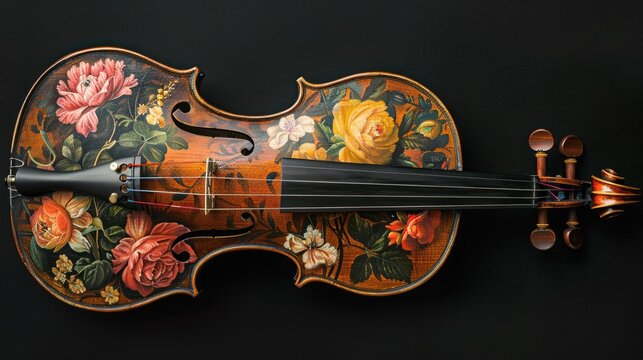 Classic violin with flower painting on the body on black background. AI generated image