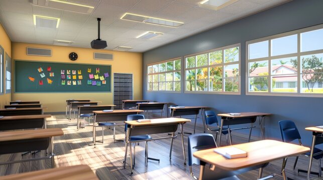 Modern empty classroom building with desks, seats, blackboard. AI generated image