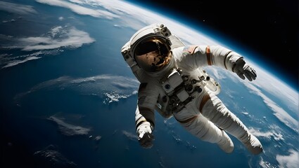 An astronaut in a white spacesuit floats in space, with Earth’s blue oceans and white clouds...