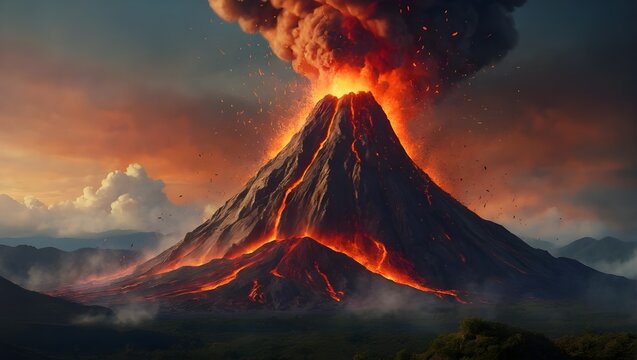 The image depicts a powerful volcanic eruption. Lava flows and smoke billows against a sunset sky, casting an ominous glow on the landscape

