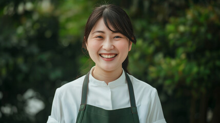 白いシャツにエプロンを身に付けて微笑む若い日本人女性