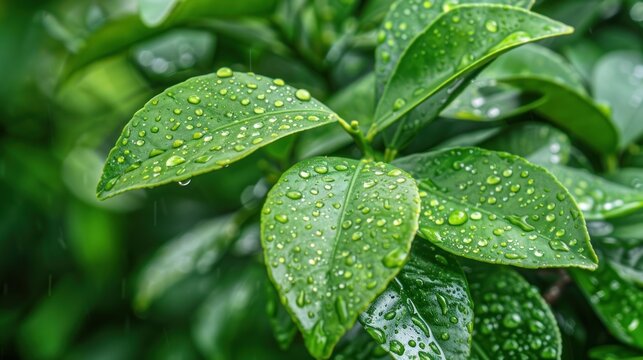 Fresh green leaves of citrus plants with water drops texture background. AI generated image