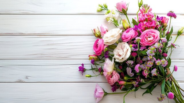 Beautiful flower bouquet on the white wooden background. AI generated image