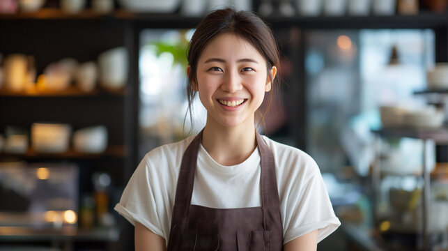 白いシャツにエプロンを身に付けて微笑む若い日本人女性
