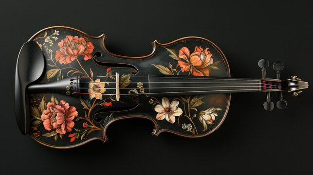 Classic violin with flower painting on the body on black background. AI generated image