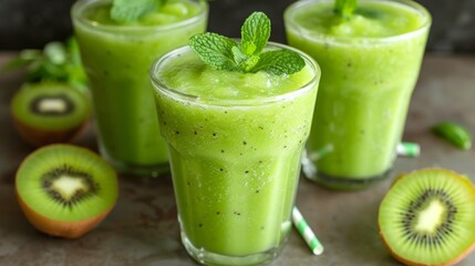 Selective focus on green kiwi smoothie  detox diet vegetarian food for healthy eating
