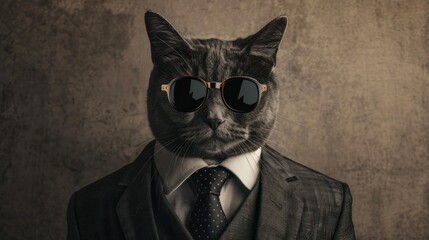 Portrait of fashionable Cat wearing sunglasses and formal suit. AI generated image