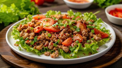 Pork minced spicy with lettuce and tomatoes in white plate on the table. AI generated image