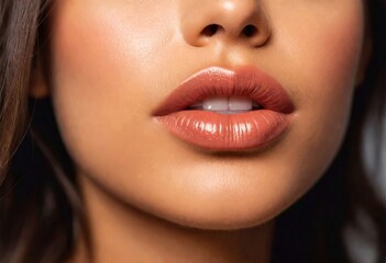 Fototapeta premium Closeup of female lips with glossy lipstick, beautiful natural lips. Concept of fashion, beauty, lipstick, gloss, lip augmentation