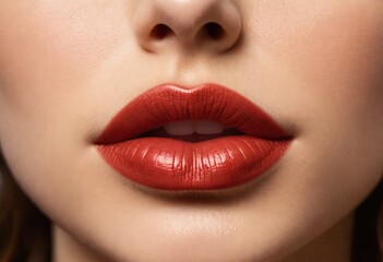 Obraz premium Close-up of female lips with glossy red lipstick, beautiful natural lips. Concept of fashion, beauty, lipstick, gloss, lip augmentation