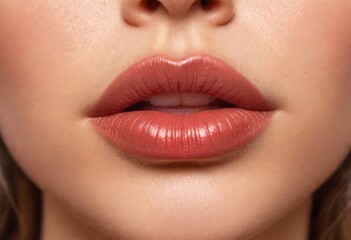 Fototapeta premium Closeup of female lips with glossy lipstick, beautiful natural lips. Concept of fashion, beauty, lipstick, gloss, lip augmentation