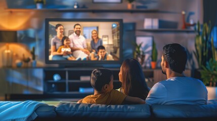 Happy family watching movie in big screen television. AI generated image