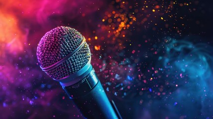 Illustration Colorful holographic microphone on dark background. AI generated image