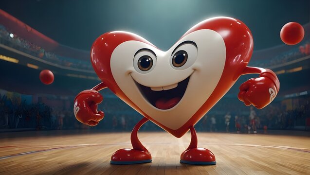 A 3D animated heart character with a big smile, wearing boxing gloves, stands in a boxing ring, surrounded by floating balls