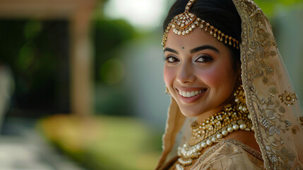 Indian Bride in a traditional dress with a veil and wearing jewelry