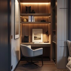 Small desk or reading corner with a comfortable chair and task lighting. Job ID: dec29150-cf9d-4650-ae31-4630f5ab4125