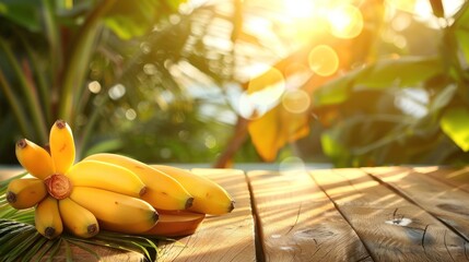 Fresh ripe yellow banana tropical fruit on wooden table. AI generated image - obrazy, fototapety, plakaty