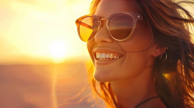Portrait Beauty woman with sunglasses Smiling at sunset view. AI generated image