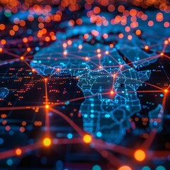 Obraz premium Close-up of a network diagram overlaying a map symbolizing the global connectivity of technology networks