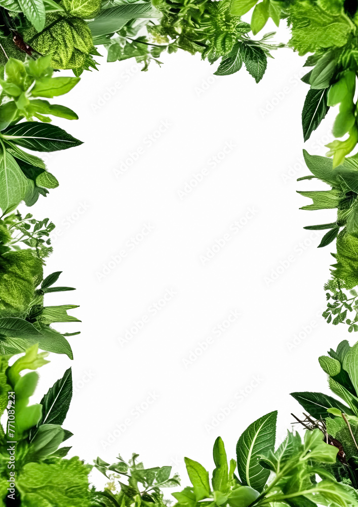 Poster a green leafy border with a white background. the border is made up of various types of leaves and b