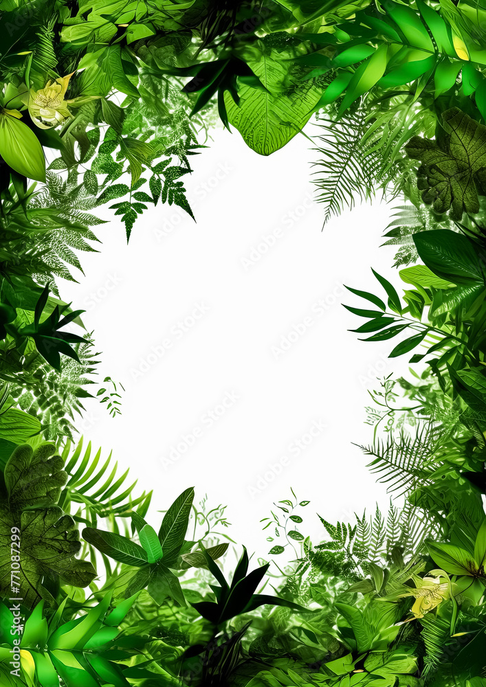 Poster a green leafy border with a white background. the border is made up of various types of leaves and b