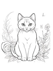 Cat flower  sketch with line white background outline  coloring page ai generated