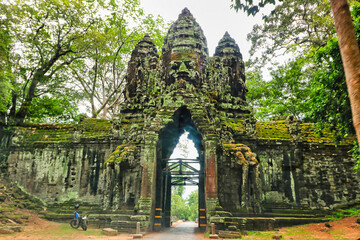 Angkor Thom - City established by Jayavarman VII with Bayon temple at center at Siem Reap,...
