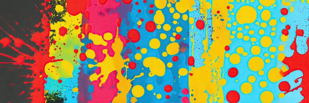 Abstract multicolor pop art artwork with splatters. Contemporary painting. Modern poster for wall decoration