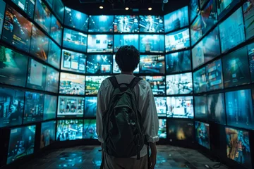 Foto op Aluminium Media overload: man observes screens engulfing his surroundings © Oleksandr
