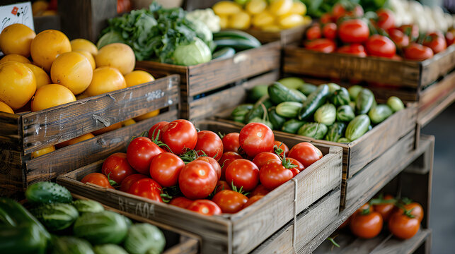 Wooden crates filled with fresh vegetables and fruits, including tomatoes, cucumbers, and citrus, at an outdoor farmer’s market. A vibrant display of organic and locally grown produce - Powered by Adobe
