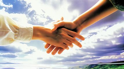 Azure Accord: Two hands reaching out for a handshake, signifying agreement and collaboration in a professional setting - obrazy, fototapety, plakaty