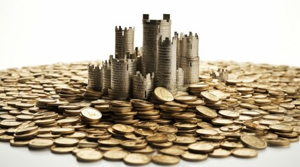 Luxury Concept: Silver Castle on Gold Coins Ai generated