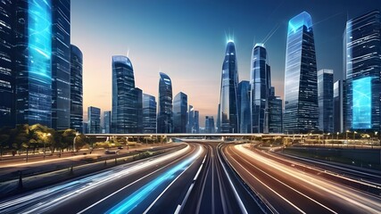 Fototapeta na wymiar Futuristic Urban Landscape: Modern City with Smart Transportation, Intelligent Communication Network, IoT Wireless Connectivity, and Urban Technological Innovation