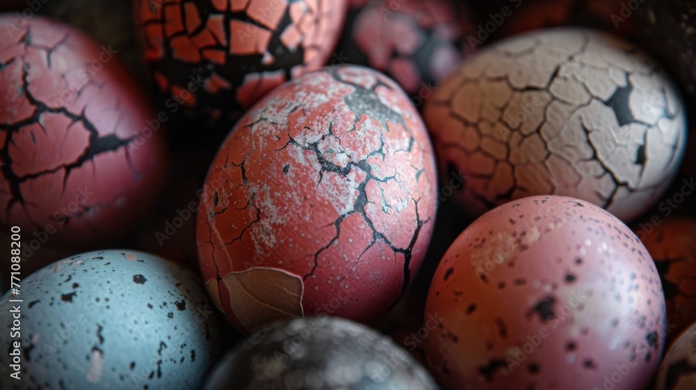 Poster an eerie image of multiple eggs each with a distinct irregular shape and color. some have jagged edg