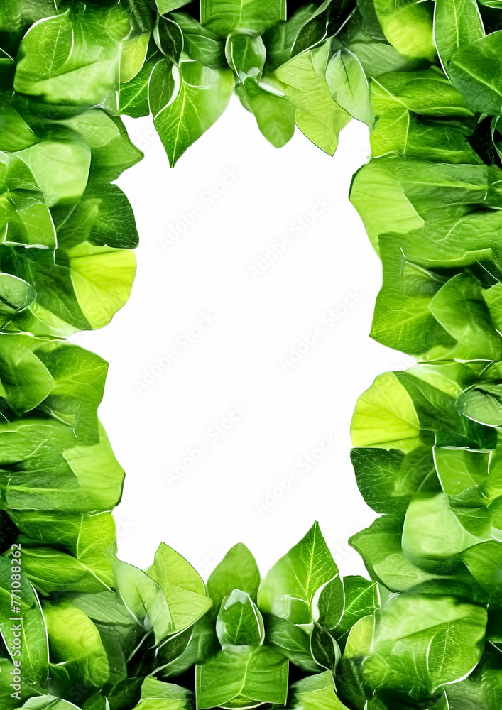 Poster a green leafy border with a white background. the border is made up of various types of leaves and b