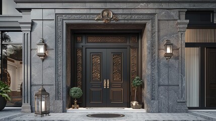 A main door design inspired by cultural influences from around the world, featuring intricate patterns or symbolic motifs that reflect the homeowners' heritage and global perspective in - obrazy, fototapety, plakaty