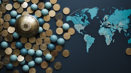 Global Economic Relationships: Map with Compass and Coins Ai generated