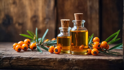 Bottle with cosmetic oil, fresh sea buckthorn on an old background - obrazy, fototapety, plakaty