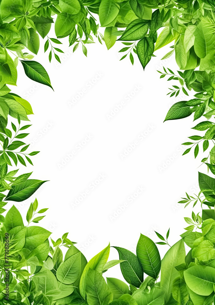 Poster a green leafy border with a white background. the border is made up of various types of leaves and b