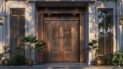 A main door design inspired by cultural influences from around the world, featuring intricate patterns or symbolic motifs that reflect the homeowners' heritage and global perspective in - obrazy, fototapety, plakaty