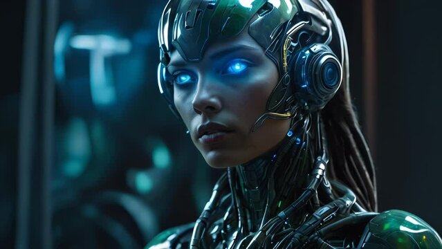 Female cyborg with glowing blue eyes