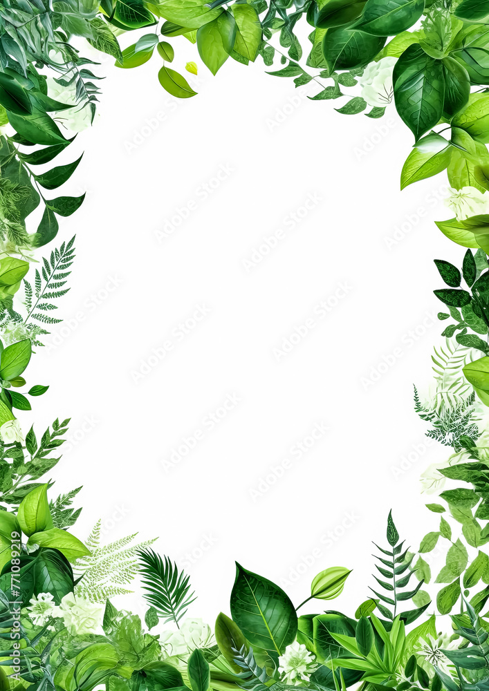 Poster a green leafy border with a white background. the border is made up of various types of leaves and b